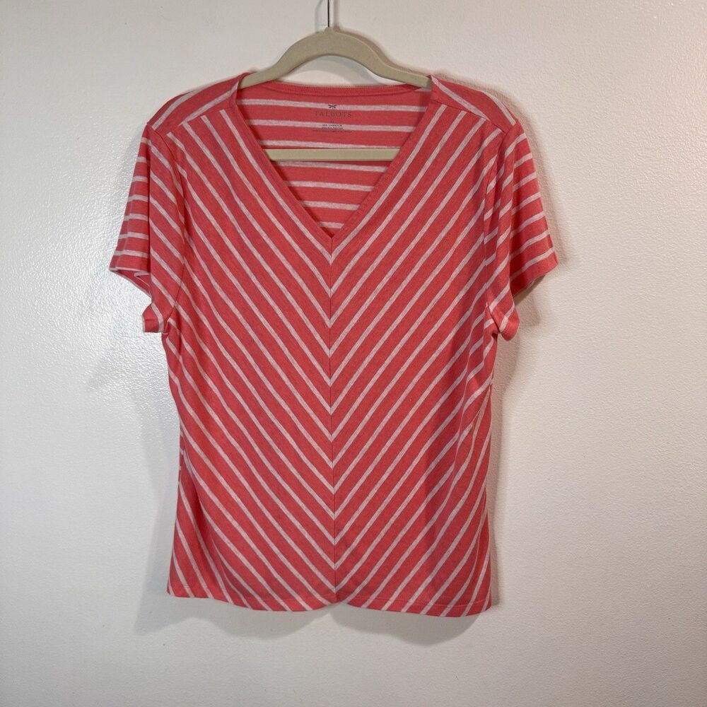 Talbots T-shirt XL Linen Blend Striped Pink White V-neck Nautical Beach Preppy